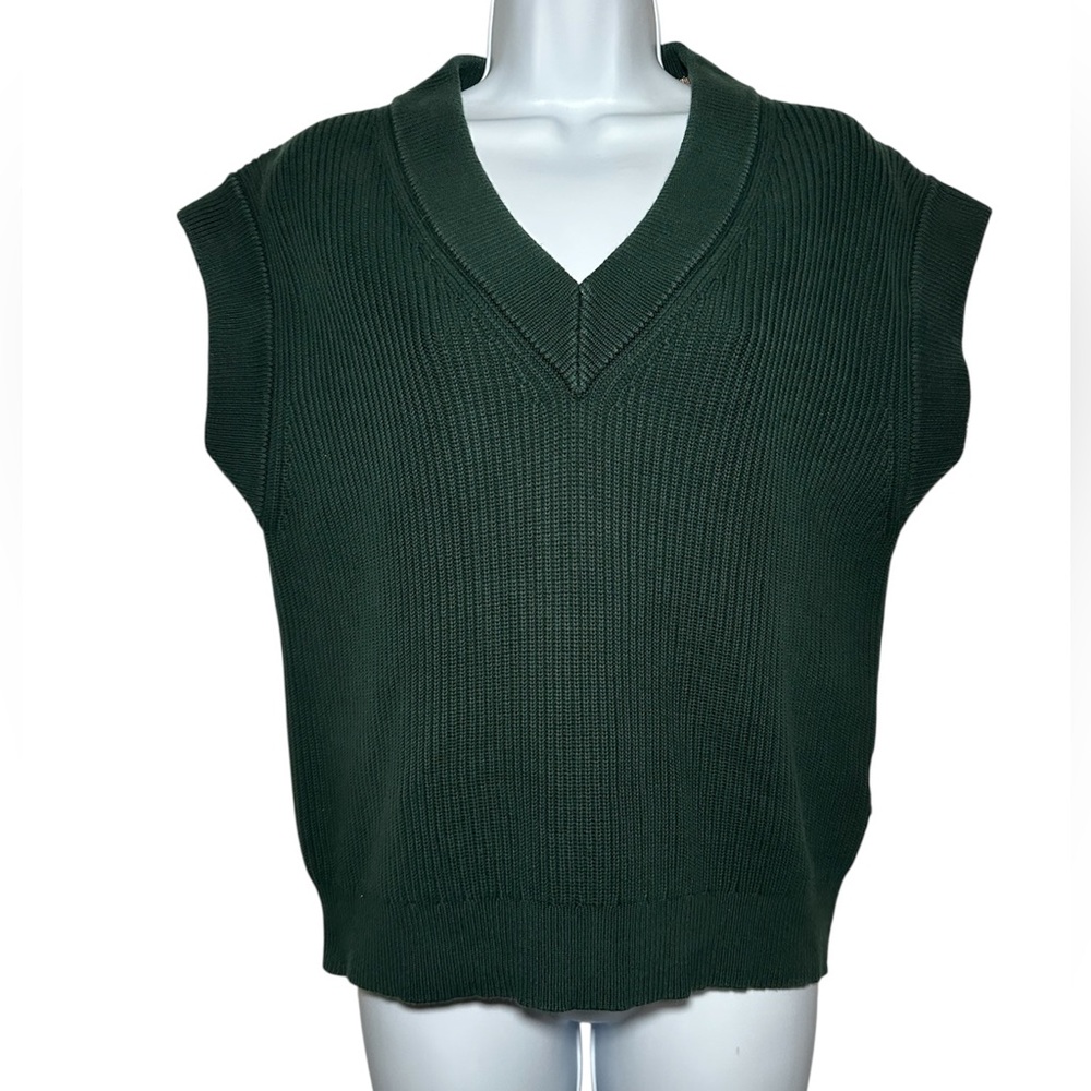 BOSS Responsible Women’s Dark Green Cotton Silk V-Neck Sweater Vest- Size XS